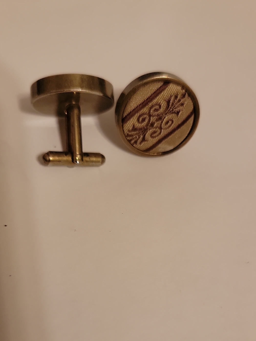 Brass-Tone Brown Pattern Round Cufflinks